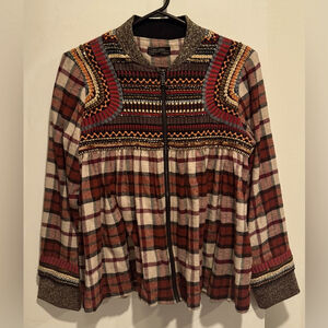 Zara Boho Artisan flannel jacket embroided beaded zipper blazer hippie plaid XS